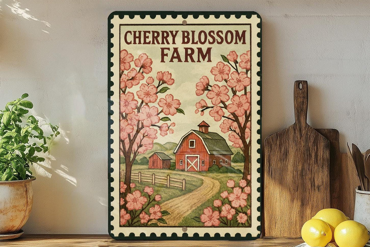 Cherry Blossom Farm Metal Sign – Vintage Stamp Style Wall Decor, Rustic Farmhouse Art, Country Home Outdoor Garden Sign — photo 2