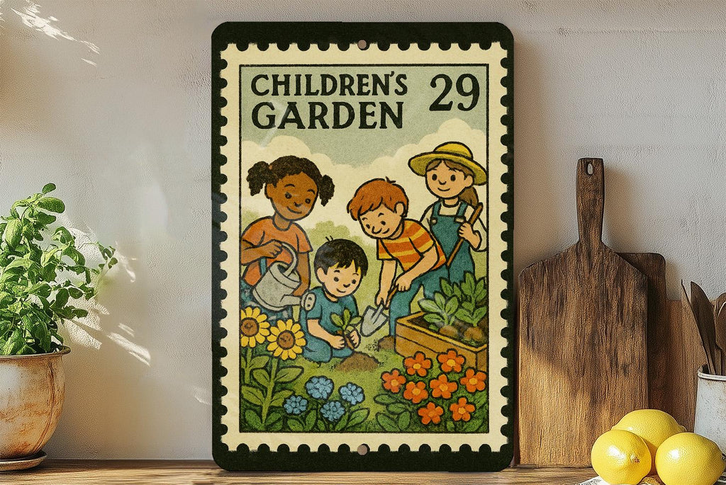 Children’s Garden Metal Sign – Vintage Stamp Style Wall Art for Kids Outdoor Play Area, Weatherproof Yard Decor — photo 2