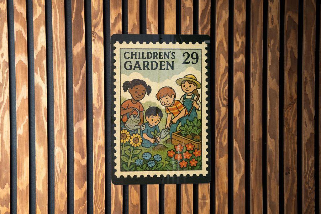 Children’s Garden Metal Sign – Vintage Stamp Style Wall Art for Kids Outdoor Play Area, Weatherproof Yard Decor — photo 3