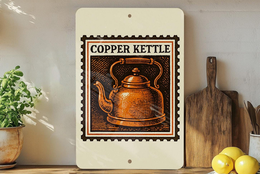 Vintage Copper Kettle Metal Sign – Rustic Kitchen Wall Decor, Stamp Style Retro Tin Sign for Farmhouse or Coffee Bar — photo 1