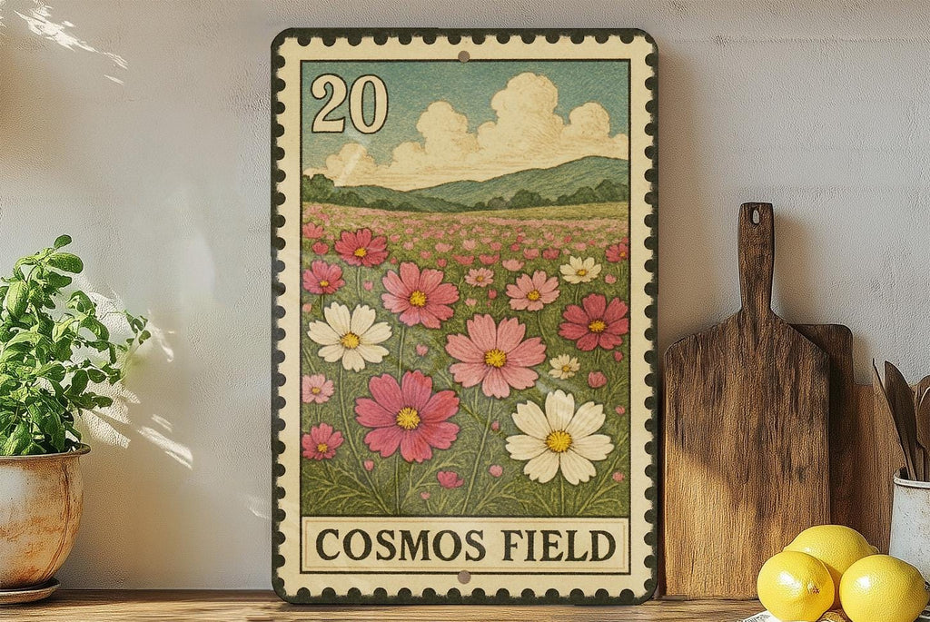 Cosmos Field Metal Sign – Vintage Stamp Style Wall Art, Botanical Flower Decor, Rustic Garden Sign for Home or Outdoor Display — photo 1