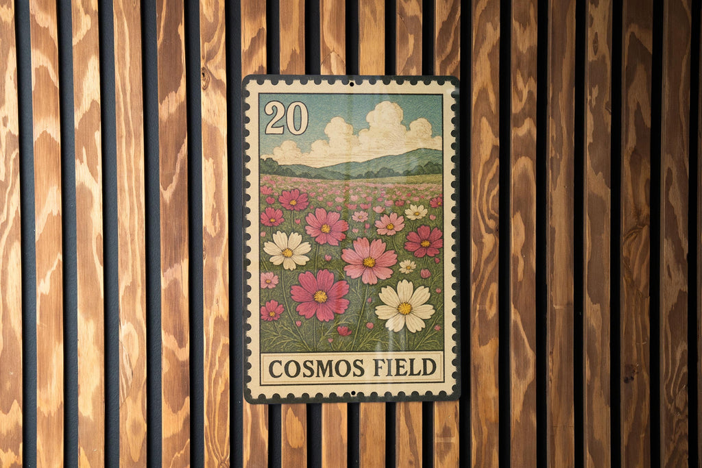 Cosmos Field Metal Sign – Vintage Stamp Style Wall Art, Botanical Flower Decor, Rustic Garden Sign for Home or Outdoor Display — photo 2
