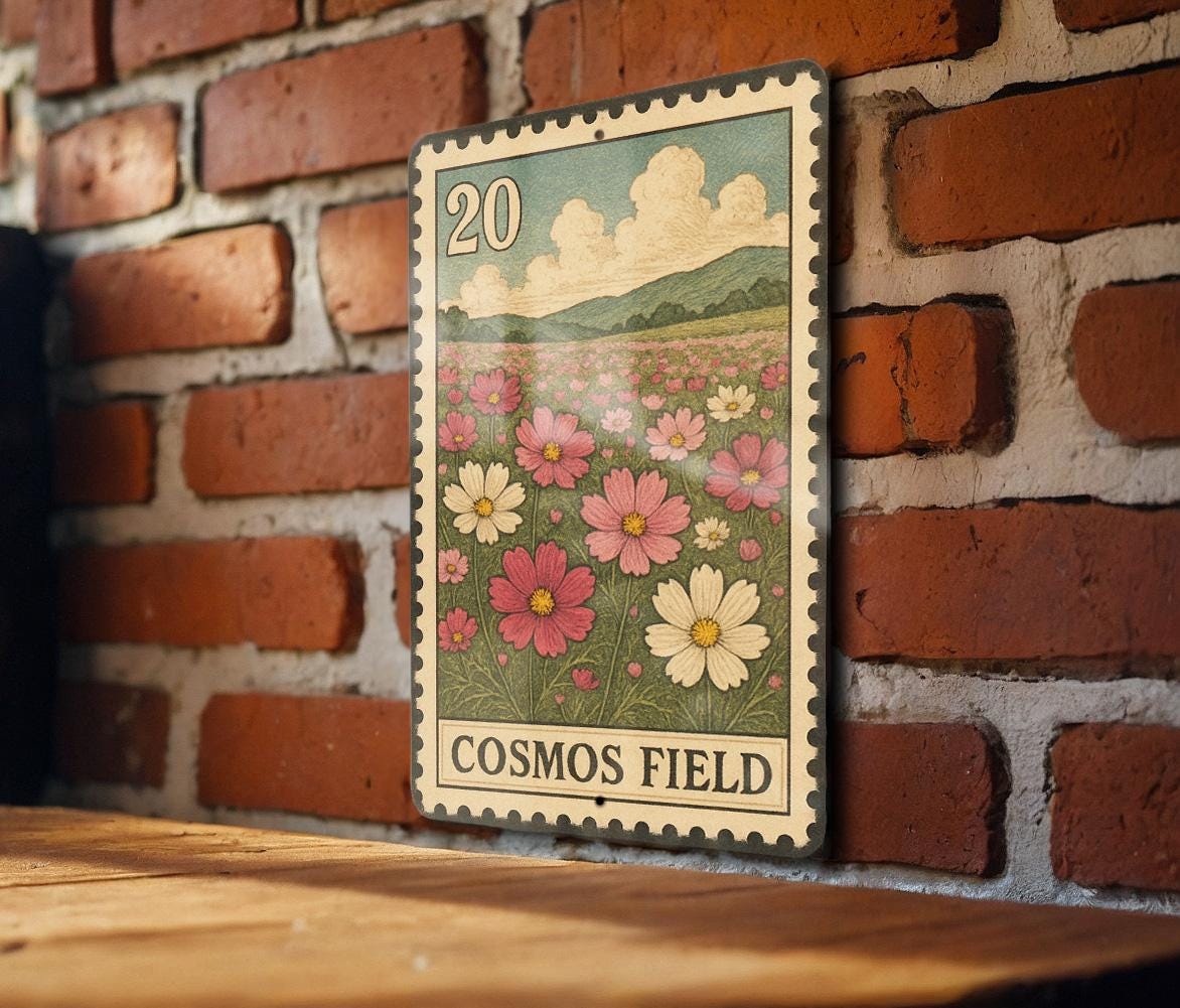 Cosmos Field Metal Sign – Vintage Stamp Style Wall Art, Botanical Flower Decor, Rustic Garden Sign for Home or Outdoor Display — photo 3
