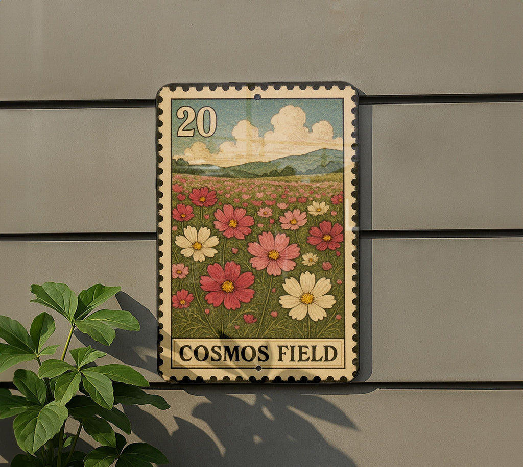 Cosmos Field Metal Sign – Vintage Stamp Style Wall Art, Botanical Flower Decor, Rustic Garden Sign for Home or Outdoor Display — photo 5
