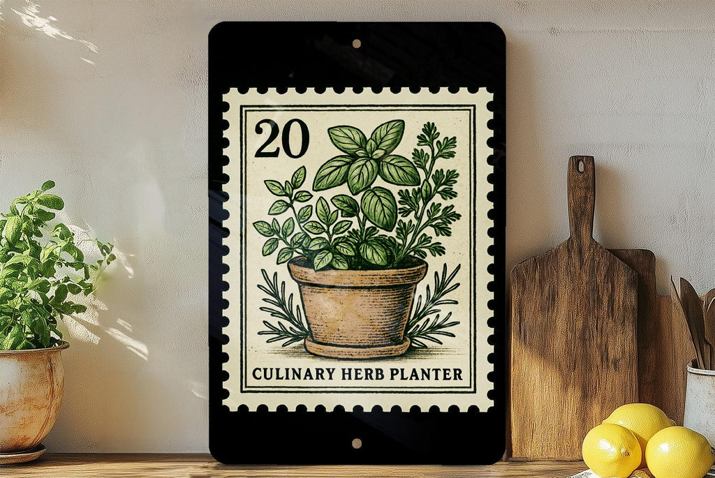 Rustic Culinary Herb Planter Metal Sign – Vintage Kitchen Wall Decor, Botanical Stamp Art for Garden or Home Chef Gift — photo 1