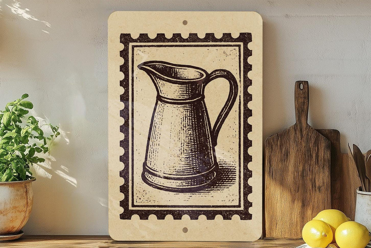 Vintage Enamel Pitcher Metal Sign – Farmhouse Kitchen Wall Decor, Rustic Stamp Style Artwork, Country Home Accent — photo 2