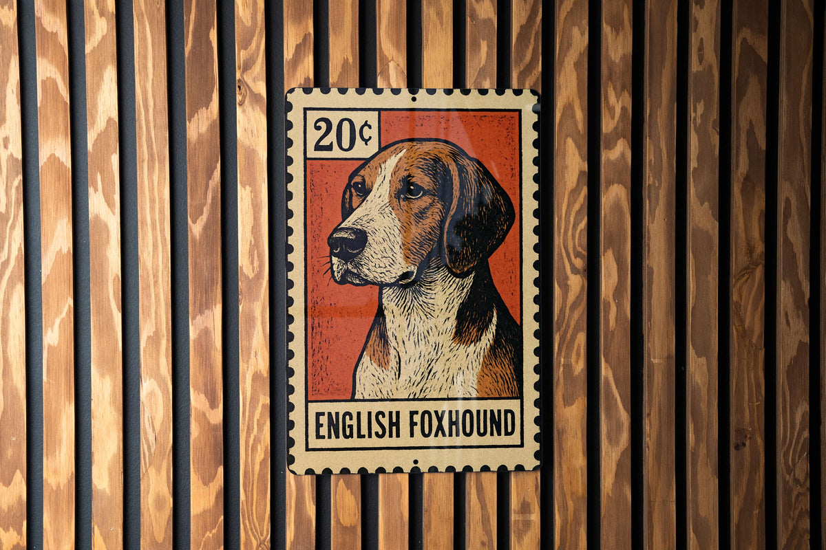 English Foxhound Dog Metal Sign – Vintage Stamp Style Wall Art, Rustic Vertical Tin Decor for Dog Lovers & Home Display — photo 1