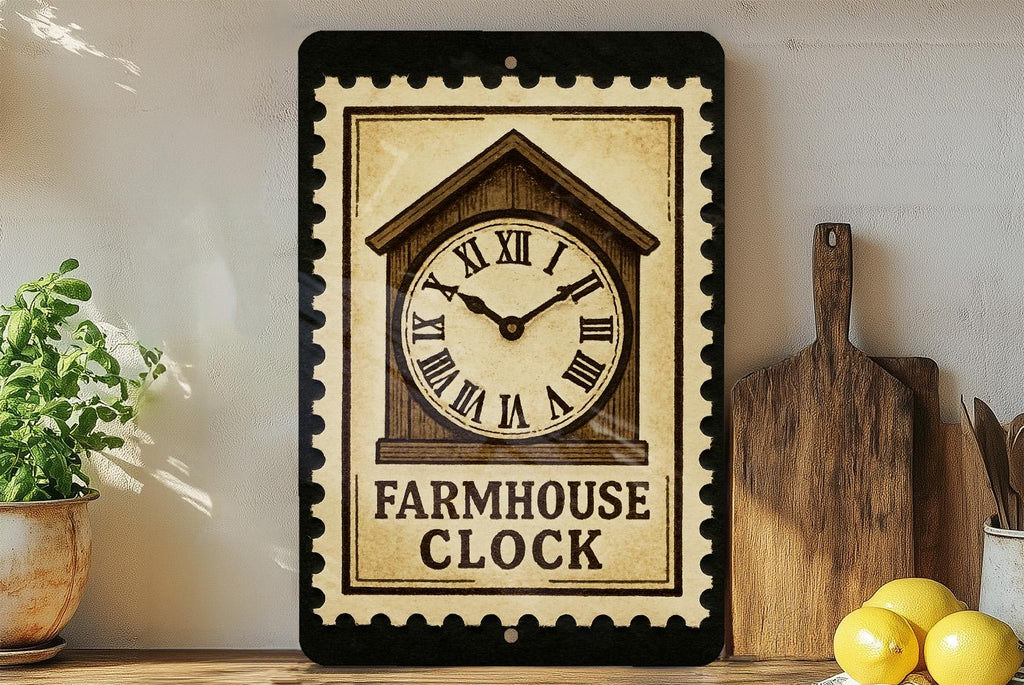 Farmhouse Clock Metal Sign – Vintage Stamp Style Wall Decor, Rustic Kitchen or Living Room Art, Country Home Accent — photo 3
