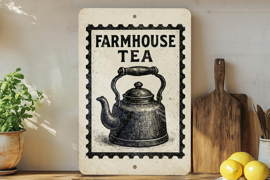 Farmhouse Tea Kettle Metal Sign – Vintage Kitchen Wall Decor, Rustic Stamp Style Art, Country Home Accent Plaque — photo 1