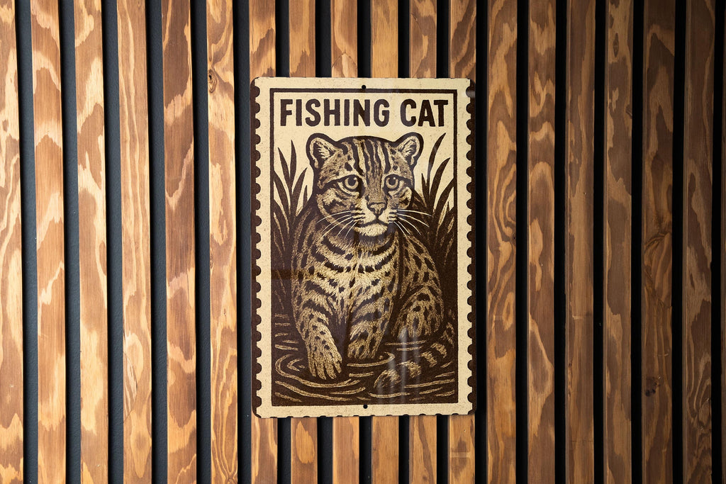 Fishing Cat Metal Sign – Vertical 23" Rustic Stamp Style Wall Art for Cabin, Lake House, Man Cave, Wildlife Home Decor — photo 1
