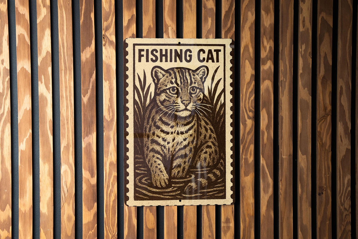 Fishing Cat Metal Sign – Vertical 23" Rustic Stamp Style Wall Art for Cabin, Lake House, Man Cave, Wildlife Home Decor — photo 1
