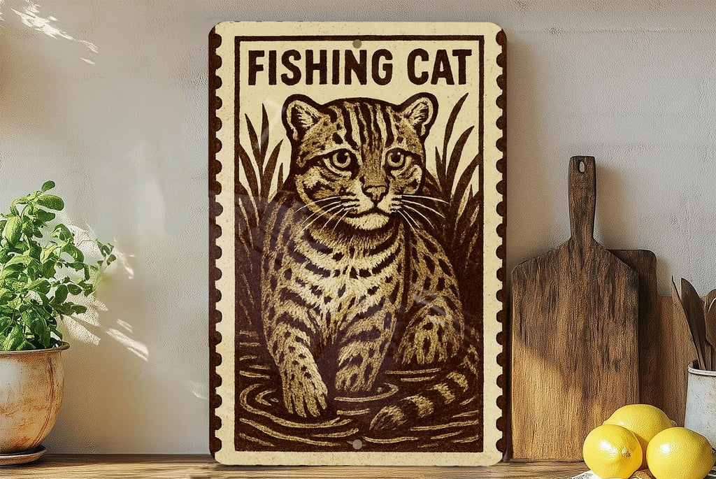 Fishing Cat Metal Sign – Vertical 23" Rustic Stamp Style Wall Art for Cabin, Lake House, Man Cave, Wildlife Home Decor — photo 3