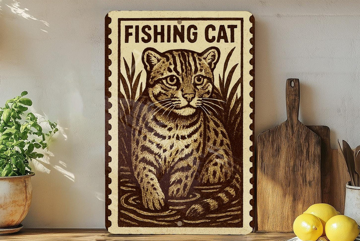 Fishing Cat Metal Sign – Vertical 23" Rustic Stamp Style Wall Art for Cabin, Lake House, Man Cave, Wildlife Home Decor — photo 3