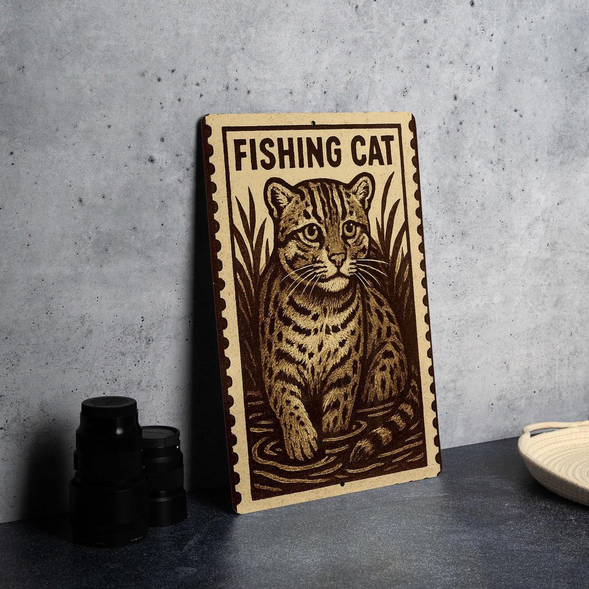 Fishing Cat Metal Sign – Vertical 23" Rustic Stamp Style Wall Art for Cabin, Lake House, Man Cave, Wildlife Home Decor — photo 4