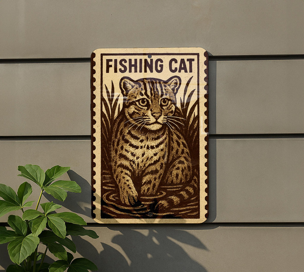 Fishing Cat Metal Sign – Vertical 23" Rustic Stamp Style Wall Art for Cabin, Lake House, Man Cave, Wildlife Home Decor — photo 5