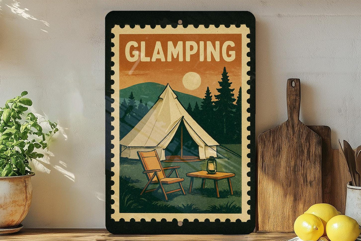 Glamping Stamp Style Metal Sign – Rustic Camping Decor, Vintage Trailer Wall Art, Outdoor Adventure Cabin Sign — photo 1