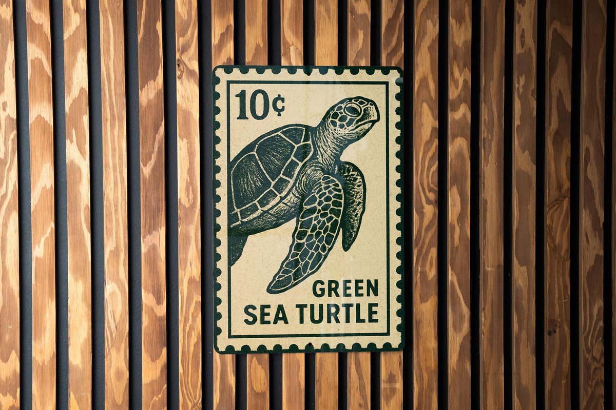 Green Sea Turtle Metal Sign Vertical | Coastal Beach Wall Art | Vintage Stamp Style Ocean Decor | Sea Life Aluminum Sign — photo 1