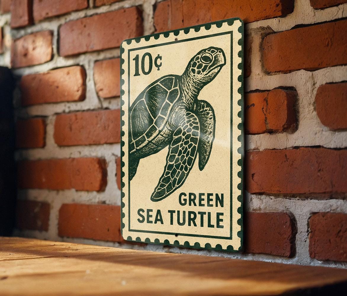 Green Sea Turtle Metal Sign Vertical | Coastal Beach Wall Art | Vintage Stamp Style Ocean Decor | Sea Life Aluminum Sign — photo 2