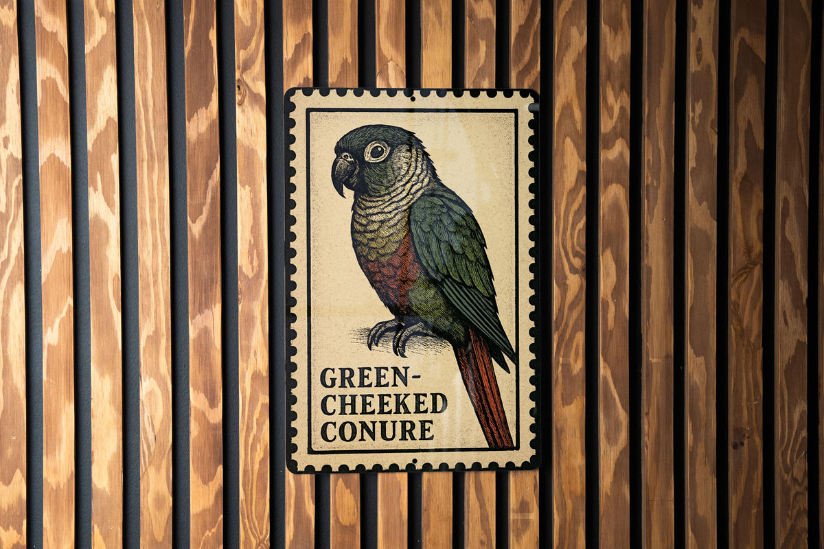 Green-Cheeked Conure Metal Sign – Vintage Stamp Style Bird Wall Art for Home, Aviary, or Pet Lover Décor — photo 1