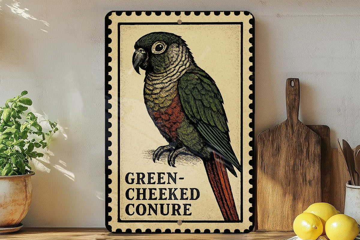 Green-Cheeked Conure Metal Sign – Vintage Stamp Style Bird Wall Art for Home, Aviary, or Pet Lover Décor — photo 2