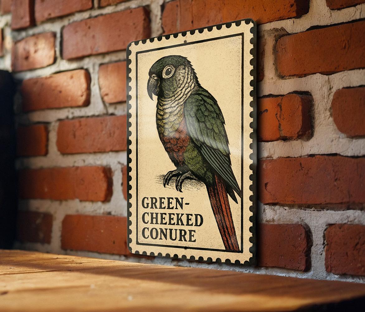 Green-Cheeked Conure Metal Sign – Vintage Stamp Style Bird Wall Art for Home, Aviary, or Pet Lover Décor — photo 3