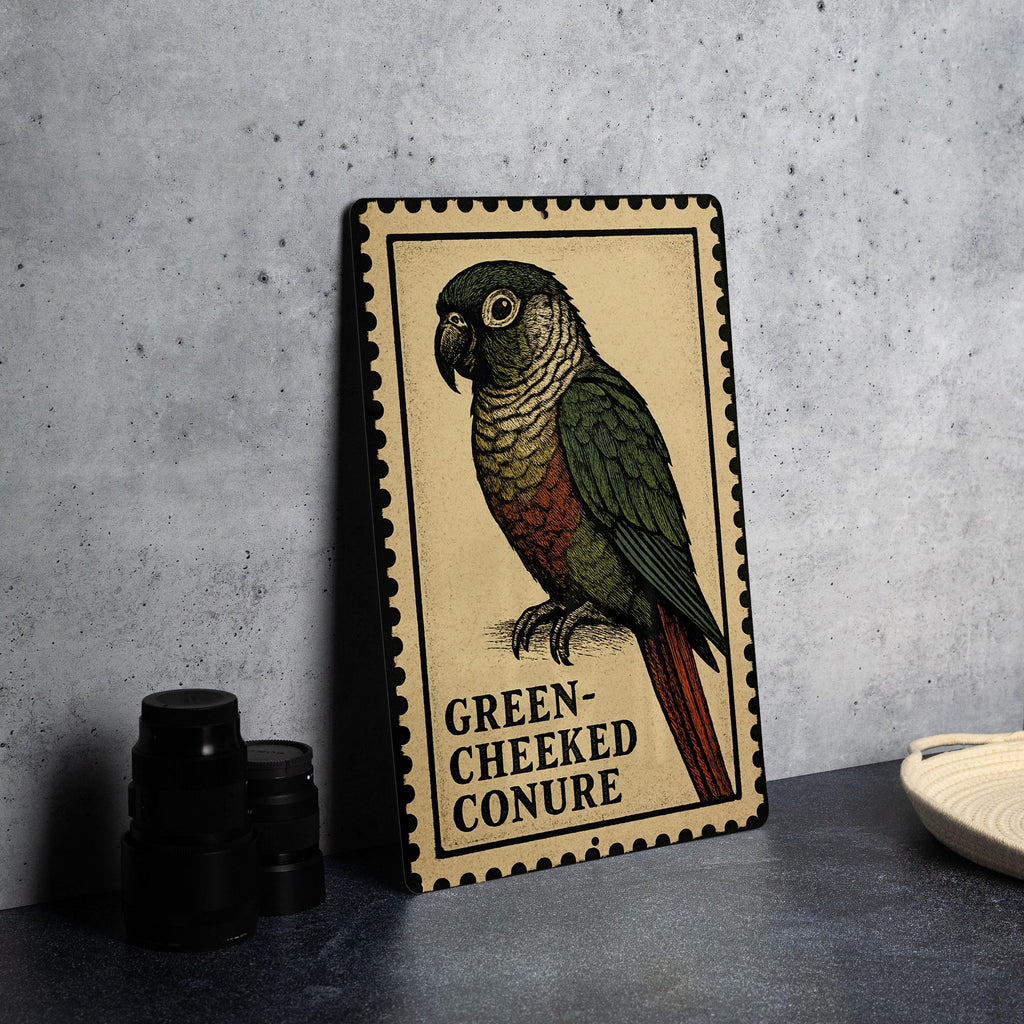 Green-Cheeked Conure Metal Sign – Vintage Stamp Style Bird Wall Art for Home, Aviary, or Pet Lover Décor — photo 4