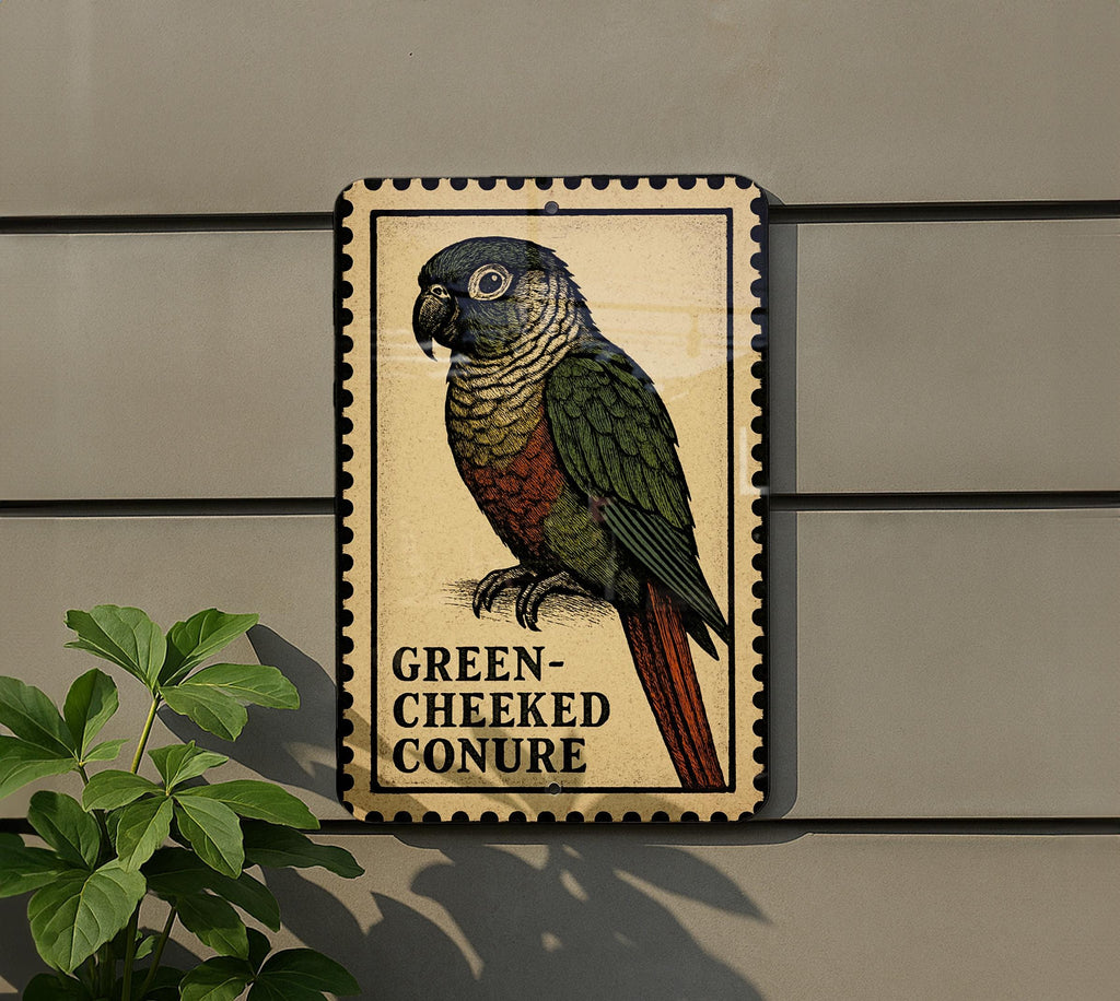Green-Cheeked Conure Metal Sign – Vintage Stamp Style Bird Wall Art for Home, Aviary, or Pet Lover Décor — photo 5