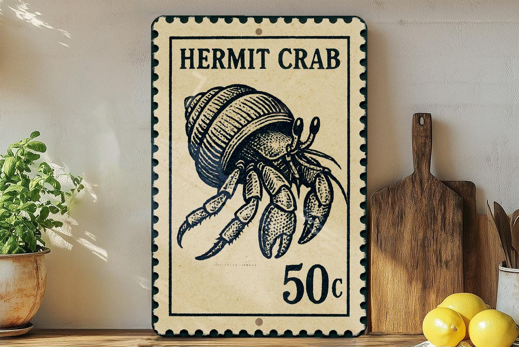 Hermit Crab Metal Sign – Coastal Nautical Wall Art, Beach House Decor, Vintage Stamp Style Ocean Animal Sign — photo 1