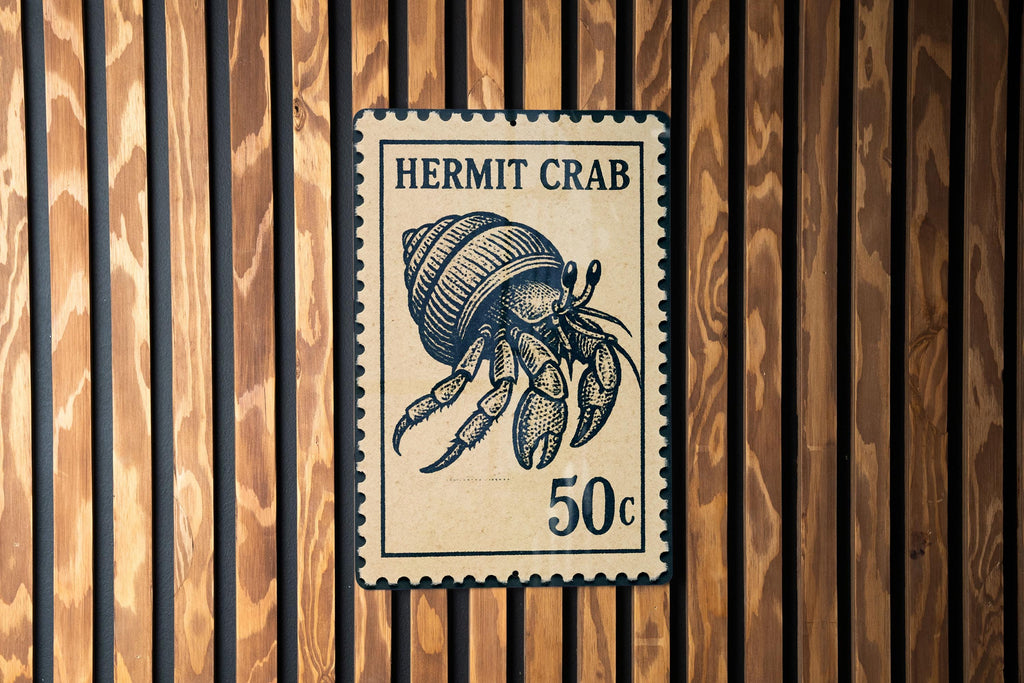 Hermit Crab Metal Sign – Coastal Nautical Wall Art, Beach House Decor, Vintage Stamp Style Ocean Animal Sign — photo 2