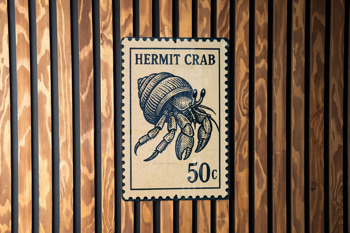 Hermit Crab Metal Sign – Coastal Nautical Wall Art, Beach House Decor, Vintage Stamp Style Ocean Animal Sign — photo 2