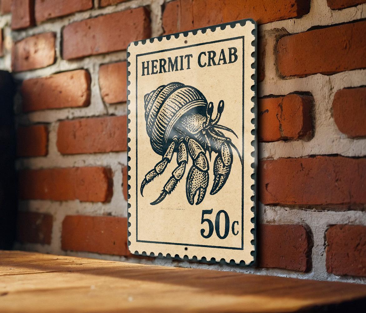 Hermit Crab Metal Sign – Coastal Nautical Wall Art, Beach House Decor, Vintage Stamp Style Ocean Animal Sign — photo 3