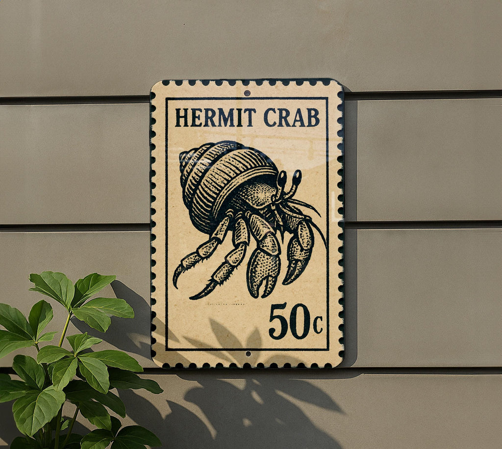 Hermit Crab Metal Sign – Coastal Nautical Wall Art, Beach House Decor, Vintage Stamp Style Ocean Animal Sign — photo 5