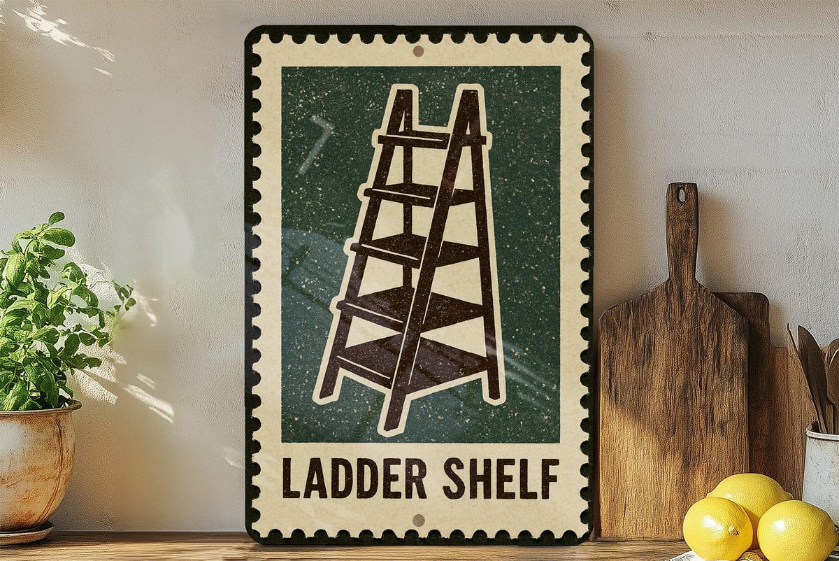 Ladder Shelf Metal Sign – Vintage Stamp Style Wall Art, Rustic Home Decor, Industrial Bookshelf Tin Sign Gift — photo 2