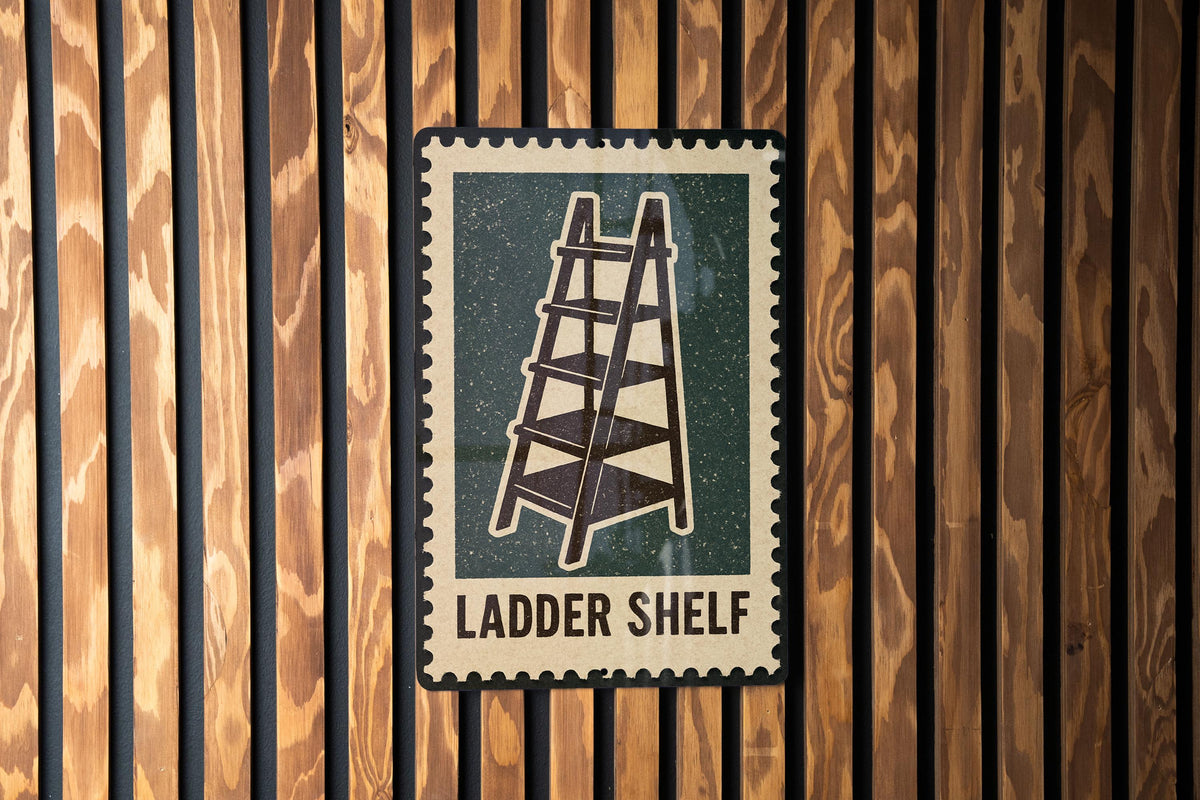 Ladder Shelf Metal Sign – Vintage Stamp Style Wall Art, Rustic Home Decor, Industrial Bookshelf Tin Sign Gift — photo 3