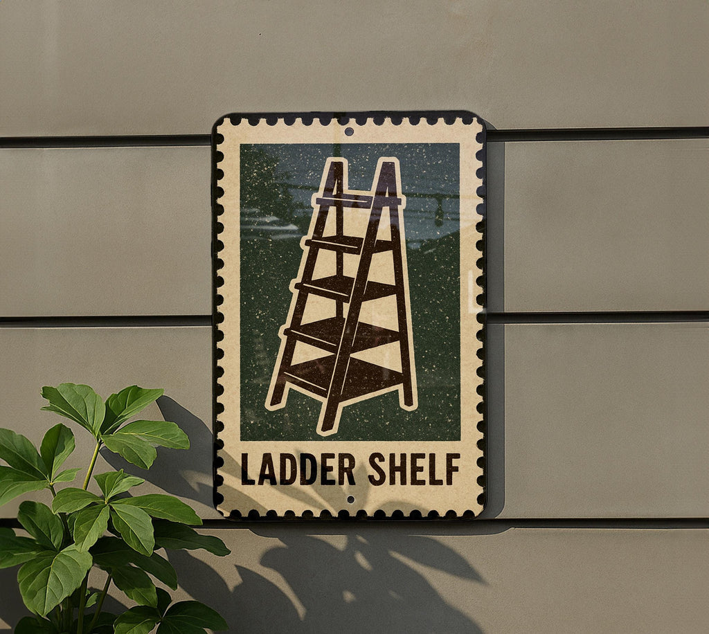 Ladder Shelf Metal Sign – Vintage Stamp Style Wall Art, Rustic Home Decor, Industrial Bookshelf Tin Sign Gift — photo 5