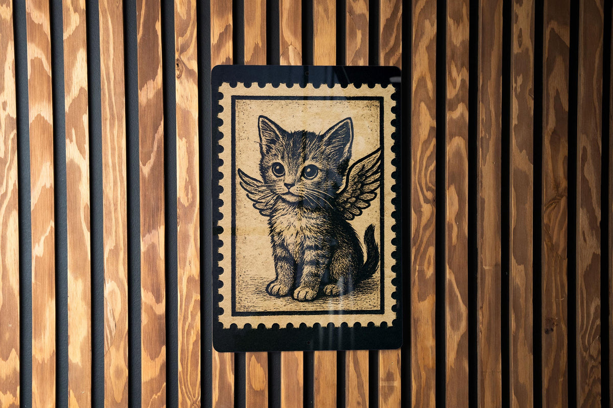 Whimsical Kitten with Wings Metal Sign – Vintage Stamp Style Cat Art, Cute Angel Kitty Wall Decor for Home or Nursery — photo 1