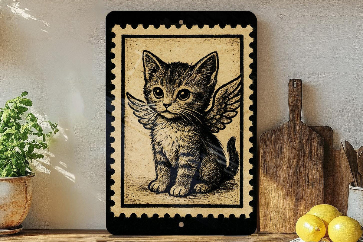 Whimsical Kitten with Wings Metal Sign – Vintage Stamp Style Cat Art, Cute Angel Kitty Wall Decor for Home or Nursery — photo 3