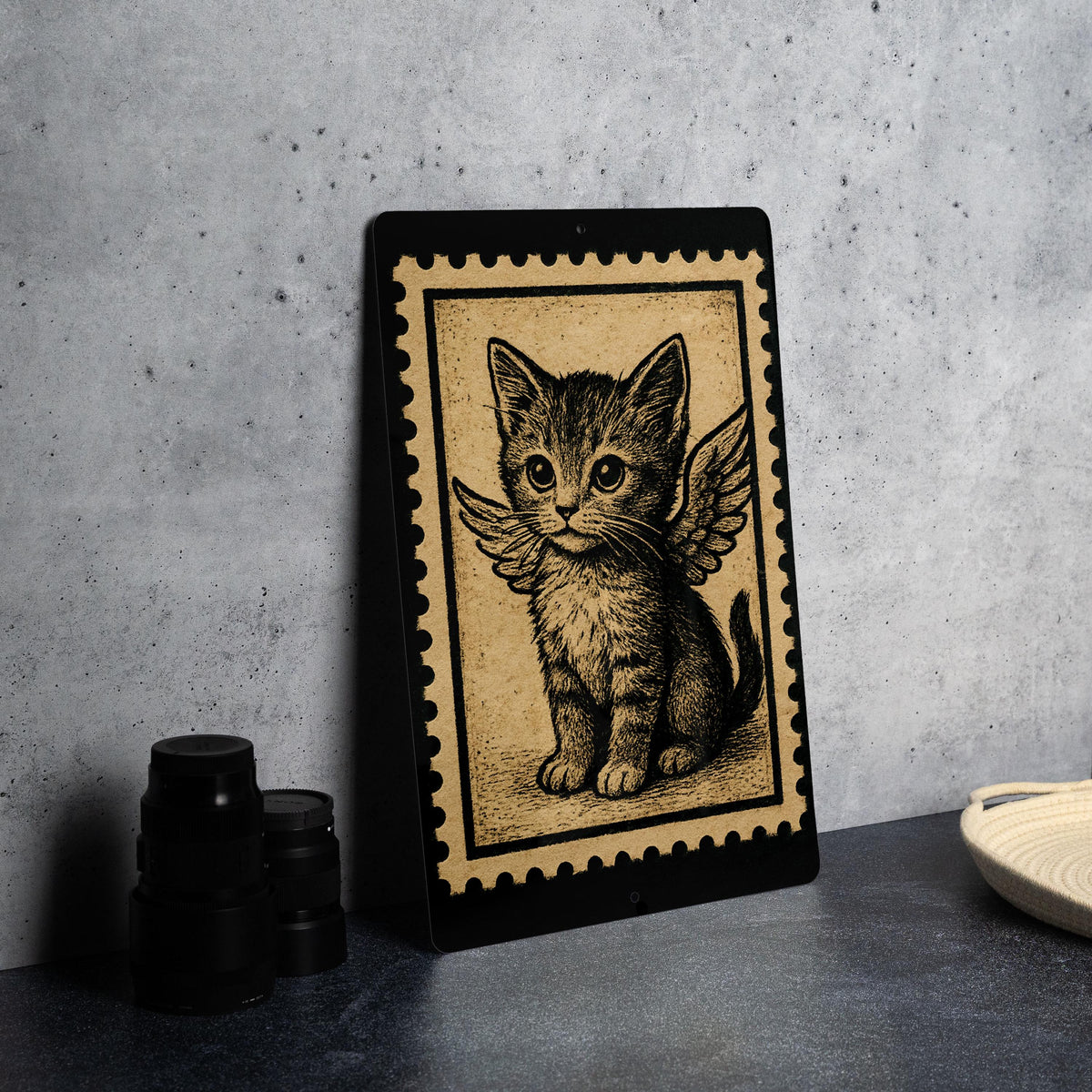 Whimsical Kitten with Wings Metal Sign – Vintage Stamp Style Cat Art, Cute Angel Kitty Wall Decor for Home or Nursery — photo 4