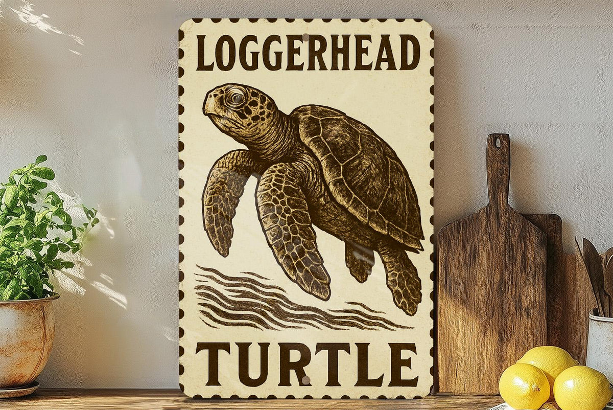 Loggerhead Turtle Metal Sign – Vintage Stamp Style Sea Turtle Wall Art, Coastal Beach Decor, Vertical Nautical Tin Sign — photo 1
