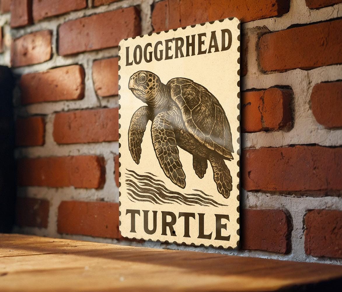 Loggerhead Turtle Metal Sign – Vintage Stamp Style Sea Turtle Wall Art, Coastal Beach Decor, Vertical Nautical Tin Sign — photo 2