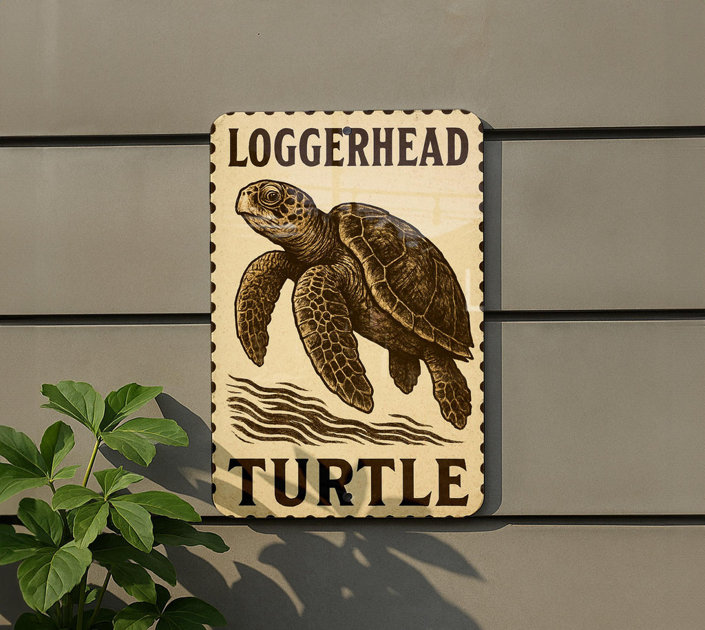 Loggerhead Turtle Metal Sign – Vintage Stamp Style Sea Turtle Wall Art, Coastal Beach Decor, Vertical Nautical Tin Sign — photo 5
