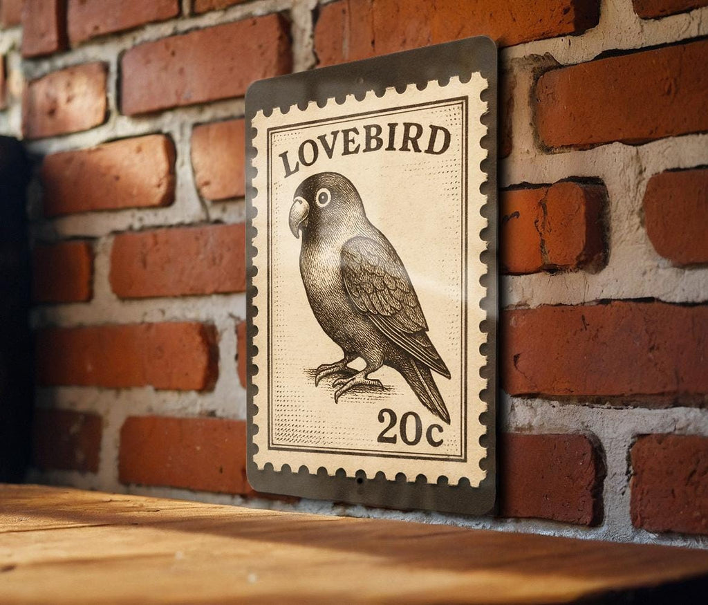 Lovebird Metal Sign – Vintage Stamp Style Wall Art, Rustic Bird Decor, Romantic Tin Sign for Home or Garden Display — photo 1