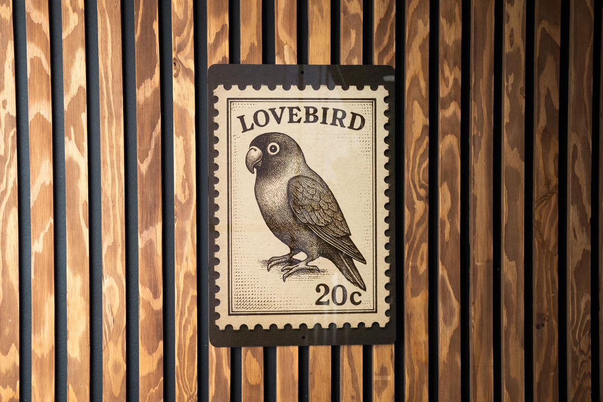 Lovebird Metal Sign – Vintage Stamp Style Wall Art, Rustic Bird Decor, Romantic Tin Sign for Home or Garden Display — photo 2