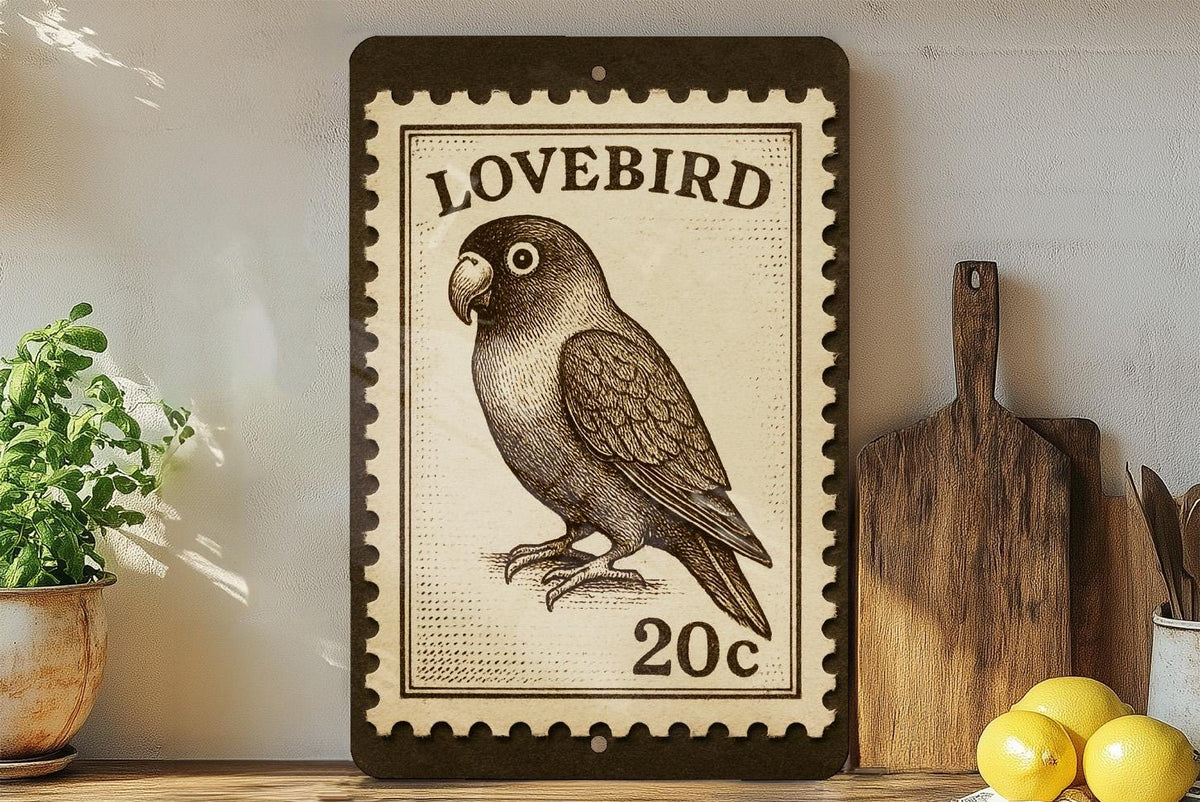Lovebird Metal Sign – Vintage Stamp Style Wall Art, Rustic Bird Decor, Romantic Tin Sign for Home or Garden Display — photo 3