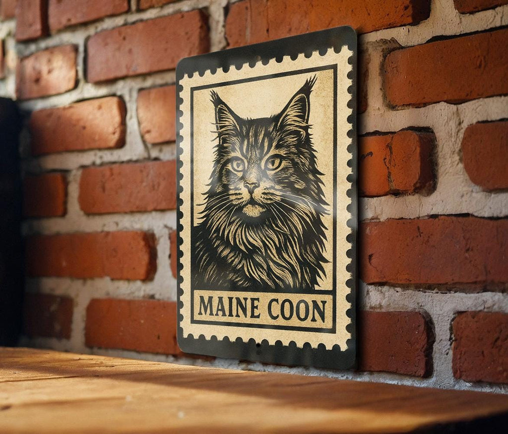 Maine Coon Cat Metal Sign – Vintage Stamp Style Wall Art Décor for Cat Lovers, Rustic Tin Sign for Home or Office — photo 1
