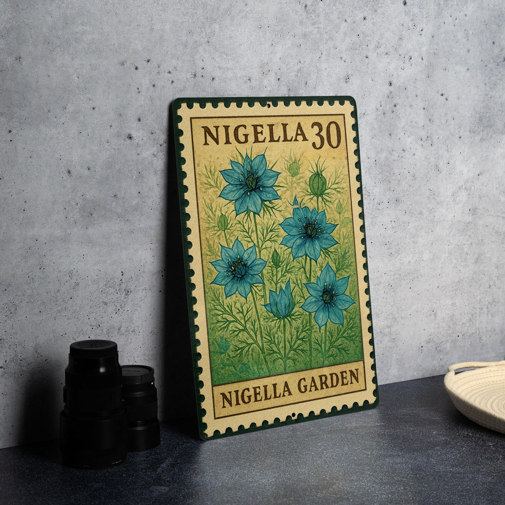 Nigella Flower Stamp Art Metal Sign – Vintage Botanical Wall Decor, Garden Lover Gift, Rustic Floral Home Accent — photo 4