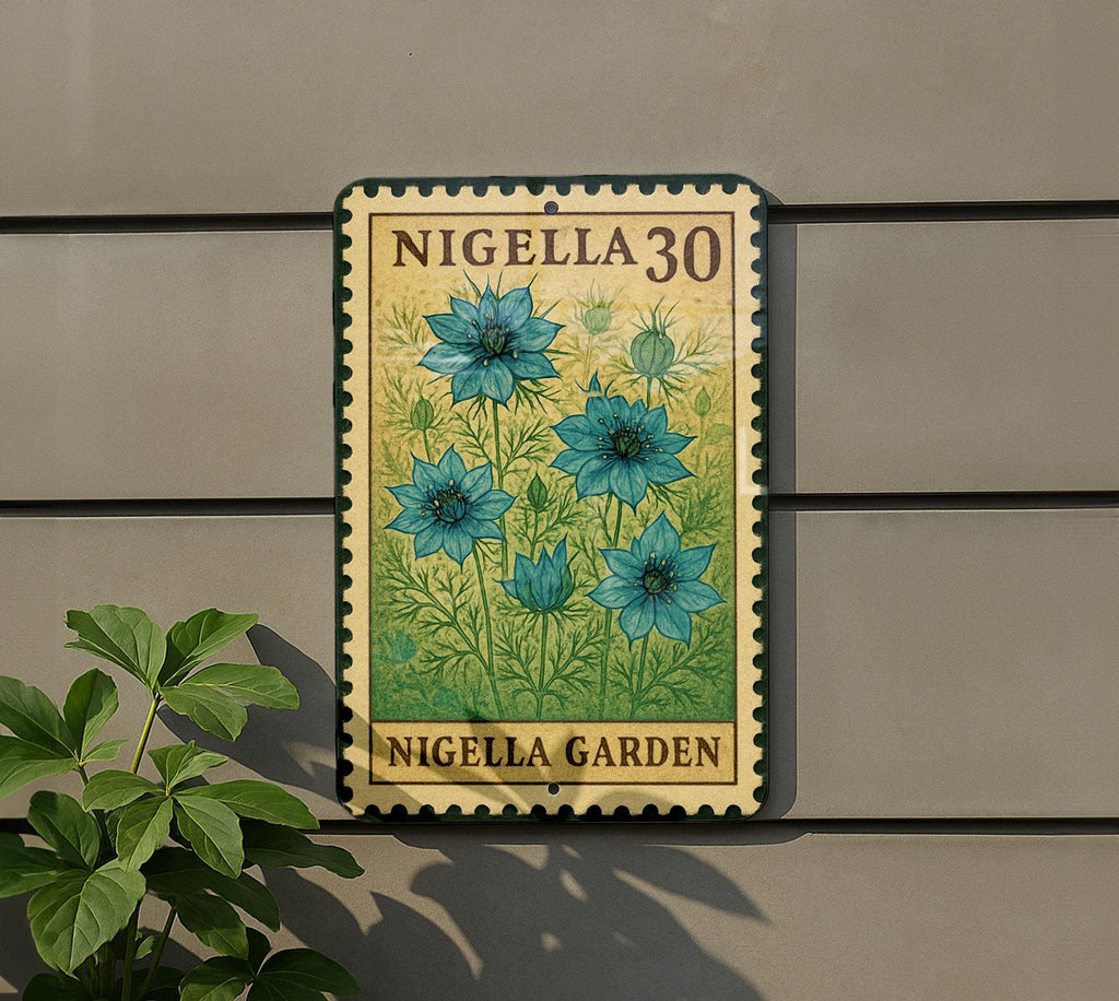 Nigella Flower Stamp Art Metal Sign – Vintage Botanical Wall Decor, Garden Lover Gift, Rustic Floral Home Accent — photo 5