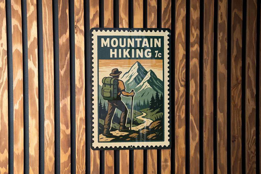 Mountain Hiking Metal Sign – Vintage Stamp Style Wall Art for Cabin, Rustic Outdoor Decor, Nature Lover Gift — photo 3