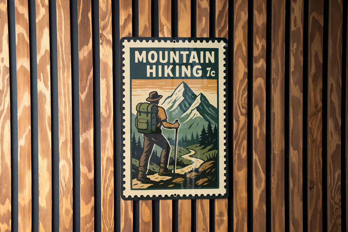 Mountain Hiking Metal Sign – Vintage Stamp Style Wall Art for Cabin, Rustic Outdoor Decor, Nature Lover Gift — photo 3