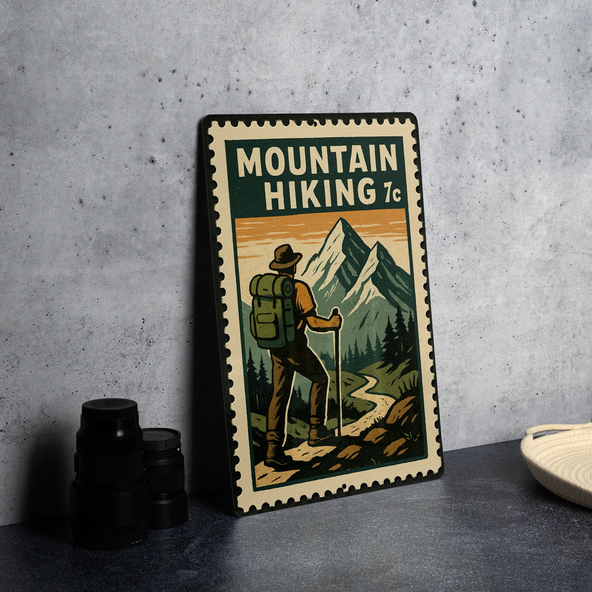 Mountain Hiking Metal Sign – Vintage Stamp Style Wall Art for Cabin, Rustic Outdoor Decor, Nature Lover Gift — photo 4